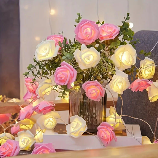 Pink Rose LED String Lights, Battery-Powered for Bedroom