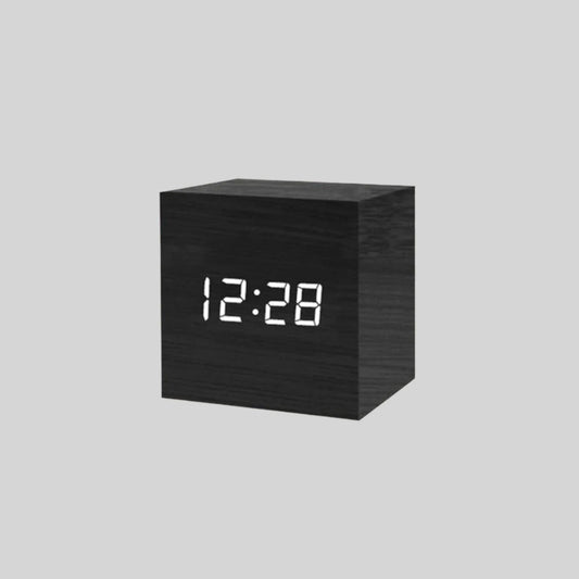 Square LED Alarm Clock – Modern Bamboo Lamp; Wooden Design